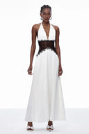 Selene | Dames Kanten Plunge Rugloze Maxi Jurk
