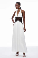 Selene | Dames Kanten Plunge Rugloze Maxi Jurk