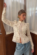 Susan | Dames Floral Lace Mandarin Collar Knopen Voor Cardigan