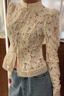 Susan | Dames Floral Lace Mandarin Collar Knopen Voor Cardigan