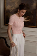 Taryn | Dames Textured Knit Knop Voor Korte Mouw Cardigan