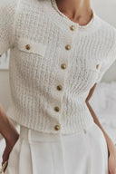 Taryn | Dames Textured Knit Knop Voor Korte Mouw Cardigan