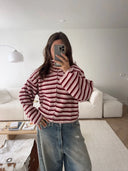 Tori | Dames Oversized Gestreepte Rits Gebreide Sweater Cardigan