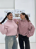 Tori | Dames Oversized Gestreepte Rits Gebreide Sweater Cardigan