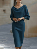 Wrenley | Dames Midi-jurk met Gedrapeerde Halslijn en Driekwart Mouwen